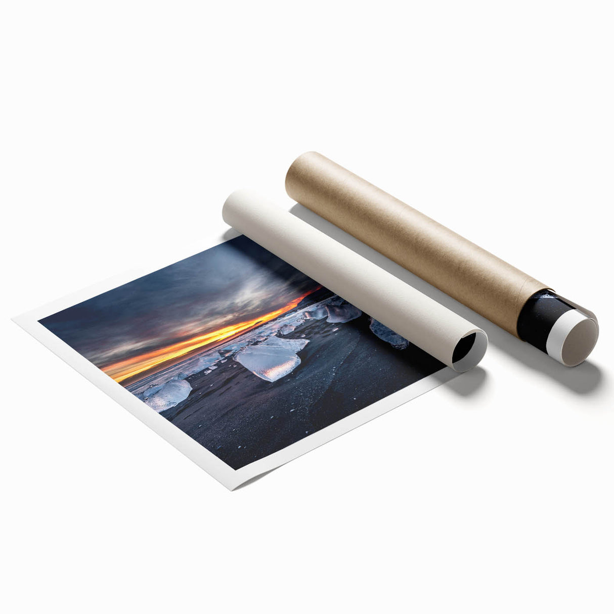 Extra large rolled print of a serene Icelandic landscape with muted green and gray tones, ideal for classy bathroom wall art.