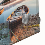 Large abstract wall art depicting a European scenery in muted green and blue tones on acrylic glass.