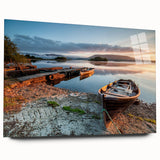 Acrylic print of a large abstract depiction of an Irish landscape in muted green and blue tones.