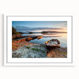 Textured art print of an abstract Irish landscape in muted green and earth tones, framed with a white mat.