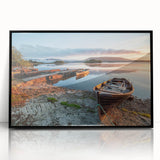 Framed acrylic print of a large abstract depiction of an Irish landscape in muted green and blue tones.