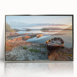 Mid-century modernist style landscape of Ireland, in muted green and blue tones, framed acrylic print.