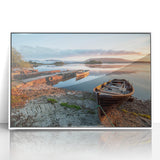 Mid-century modernist art depicting a serene Irish landscape in muted green and blue tones on a framed acrylic.