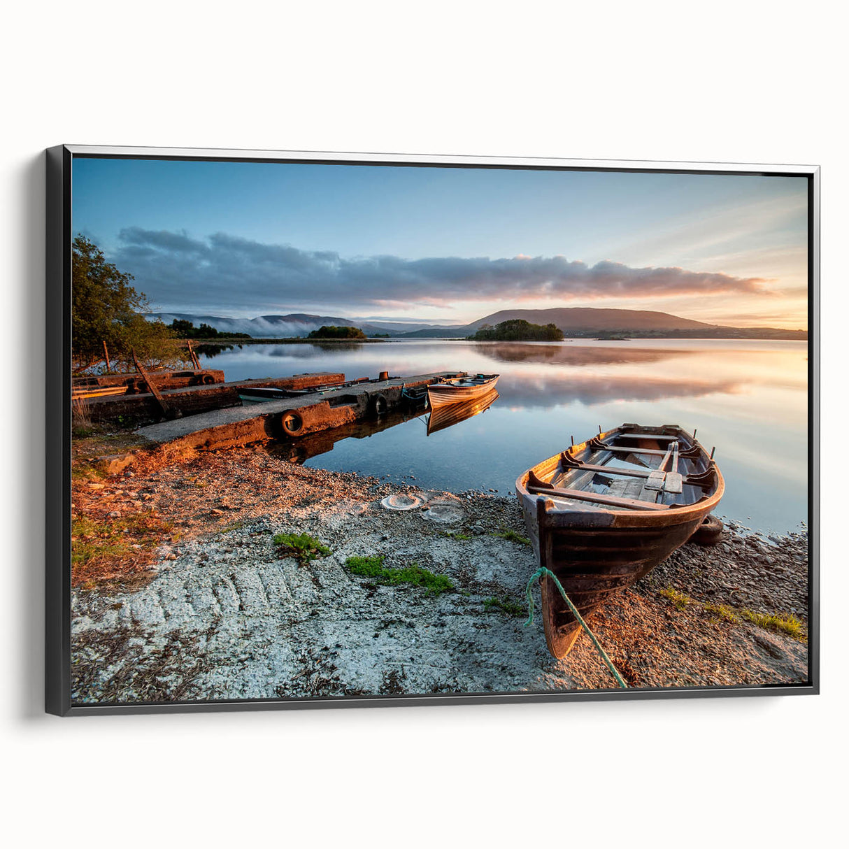 Black and white landscape art painting of an Irish countryside on framed canvas, suitable for bedroom wall decor.