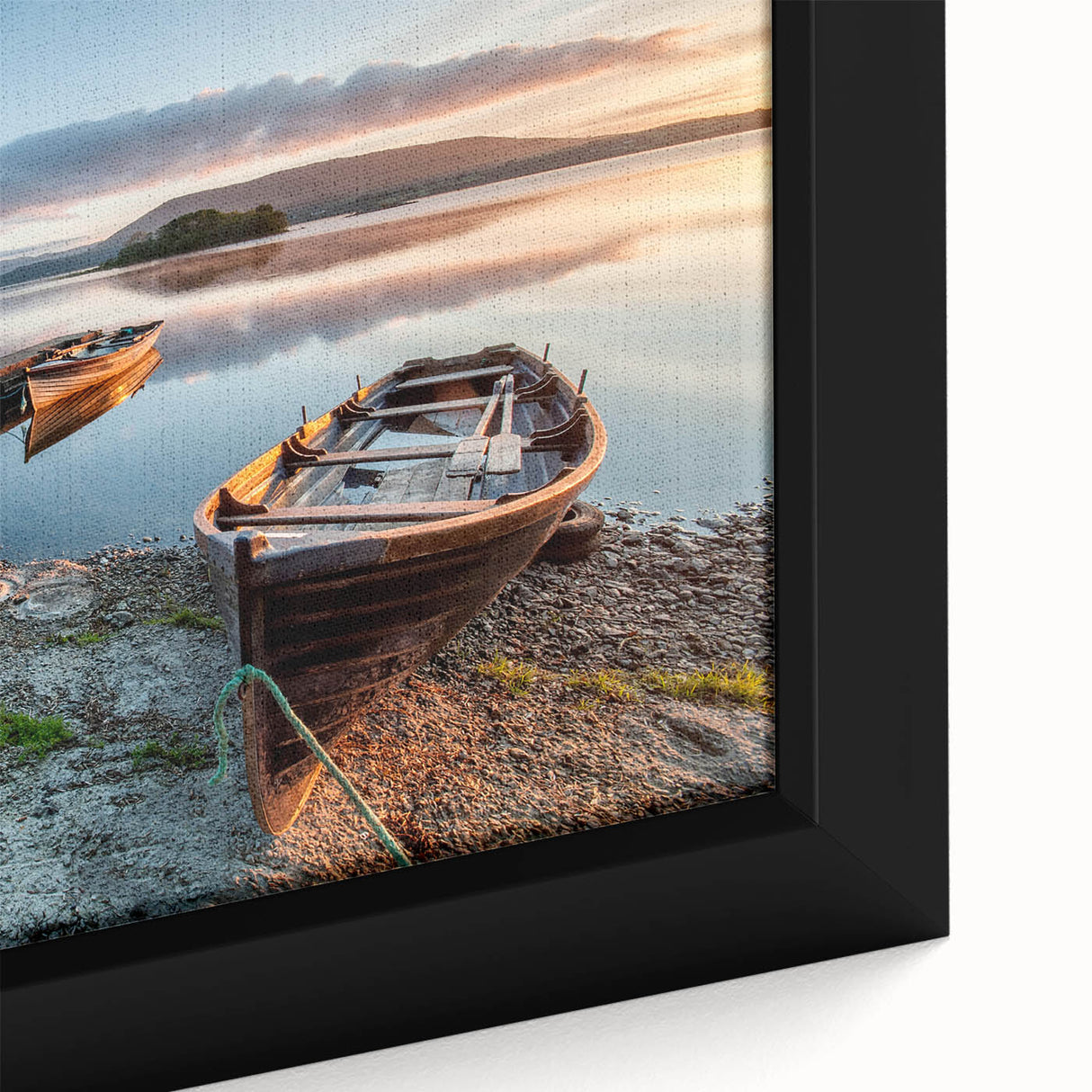 Close-up of textured black wall art featuring a colorful Irish landscape on a framed canvas, ideal for living room decor.