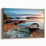 Framed canvas depicting a vintage-style Irish landscape in muted greens and blacks, ideal for bedroom wall art.