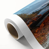 Art Deco style poster of a serene Irish landscape in muted green and blue tones on rolled canvas, ideal for nursery wall art.