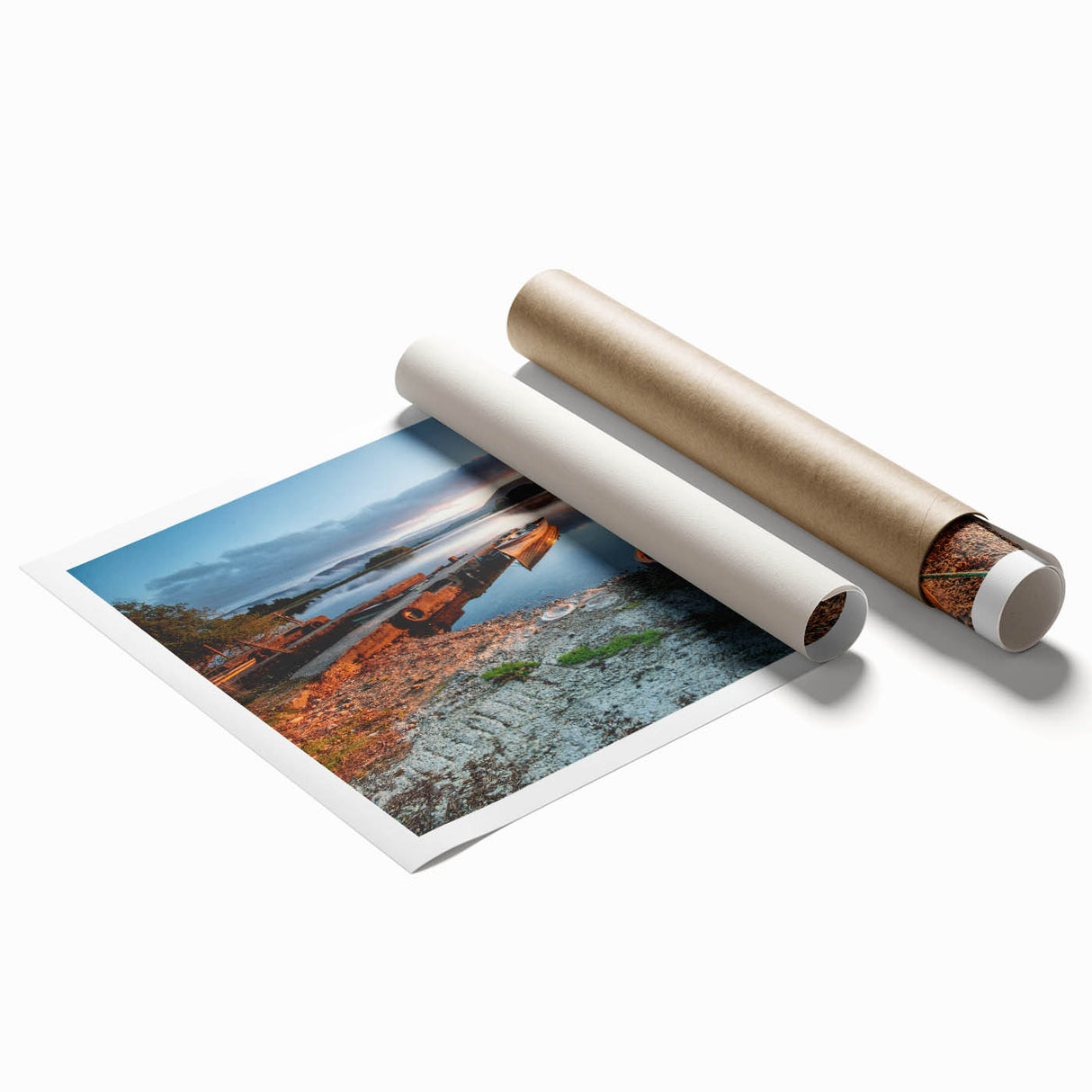 Rolled print of an Irish landscape with vibrant green fields and floral accents, ideal for classy bathroom wall art.