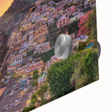 Large abstract depiction of the Amalfi Coast in vibrant blue and white tones on acrylic glass, suitable for dining room art.