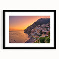 Colorful abstract art print of the Amalfi Coast in vibrant hues on a textured, extra large canvas, framed in black.