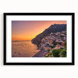 Colorful abstract art print of the Amalfi Coast in vibrant hues on a textured, extra large canvas, framed in black.