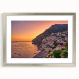 Extra large wall art featuring an abstract depiction of the Amalfi Coast in muted blue and green tones, framed in silver.
