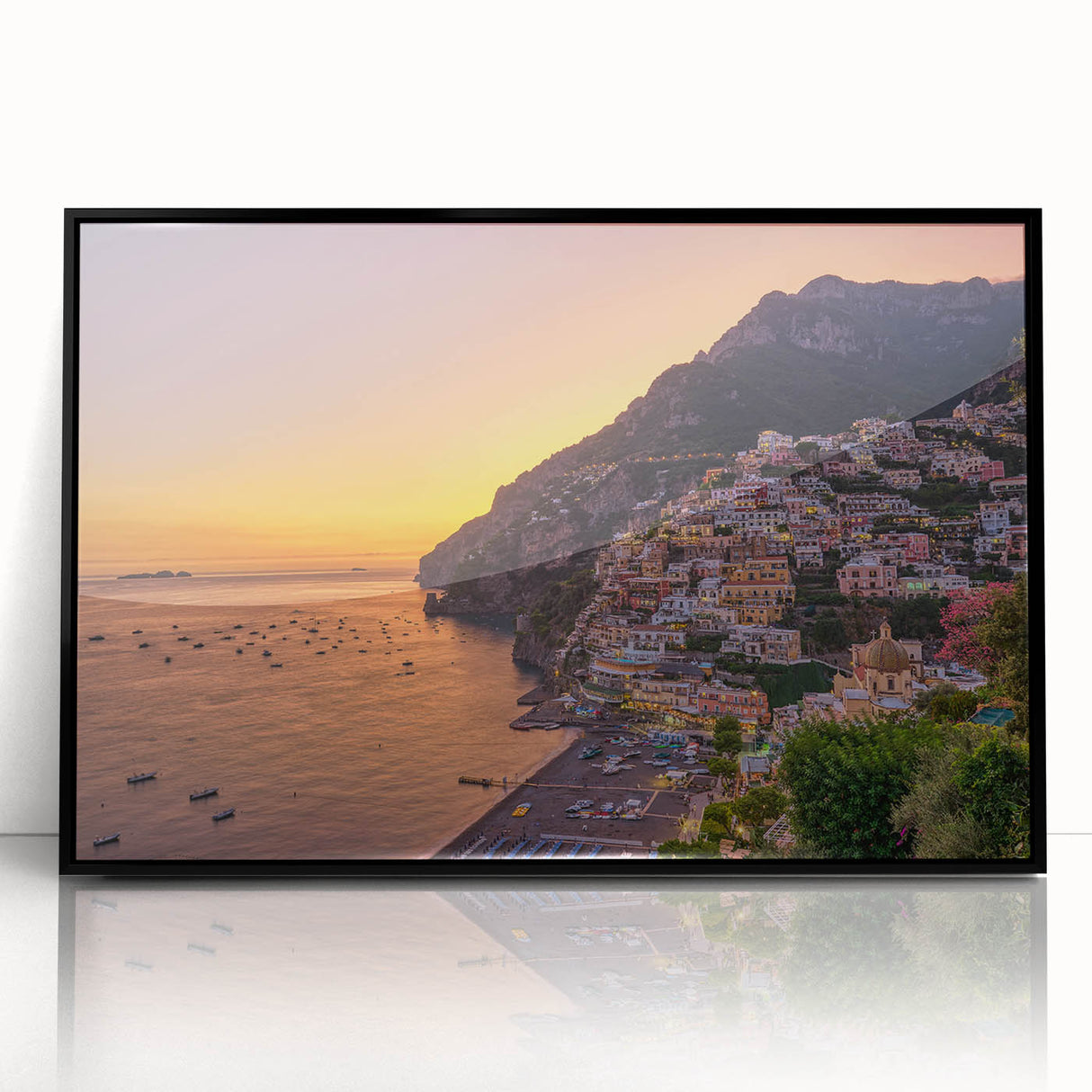 Large abstract wall art of the Amalfi Coast in a mid-century modernist style, framed in black acrylic.