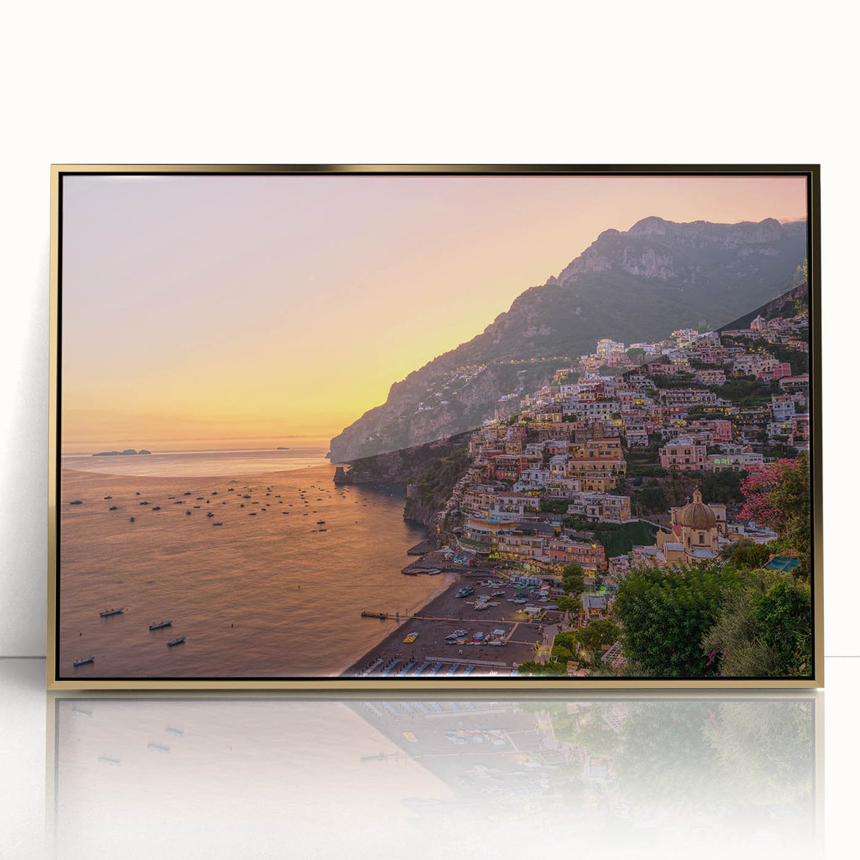 Acrylic print of Amalfi Coast with vibrant blue and pastel yellow tones in an art deco style, framed in gold.