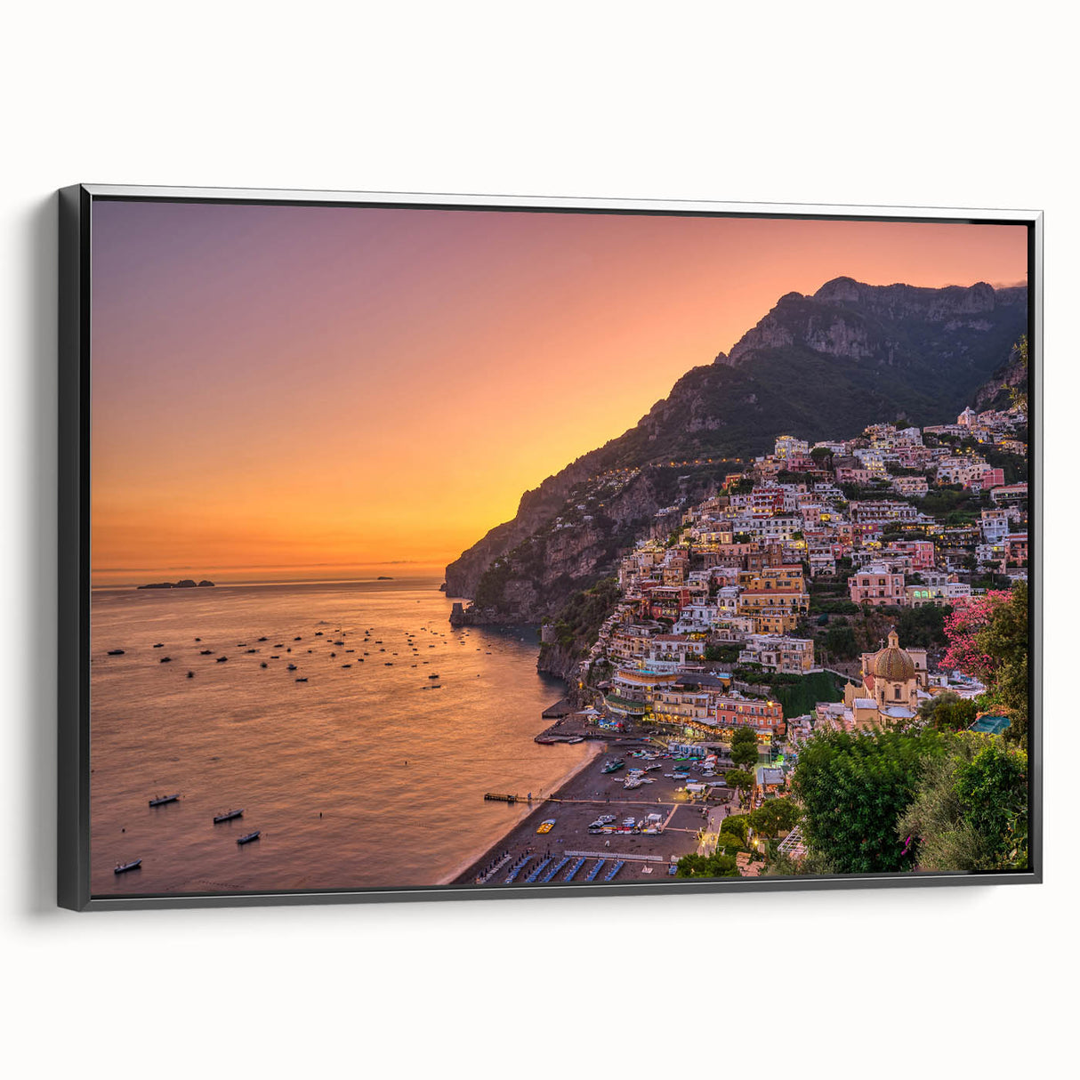 Black and white framed canvas of the Amalfi Coast landscape, ideal for bedroom wall decor.