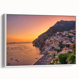 Vintage poster art of Amalfi Coast in colorful hues on extra large framed canvas, ideal for living room decor.