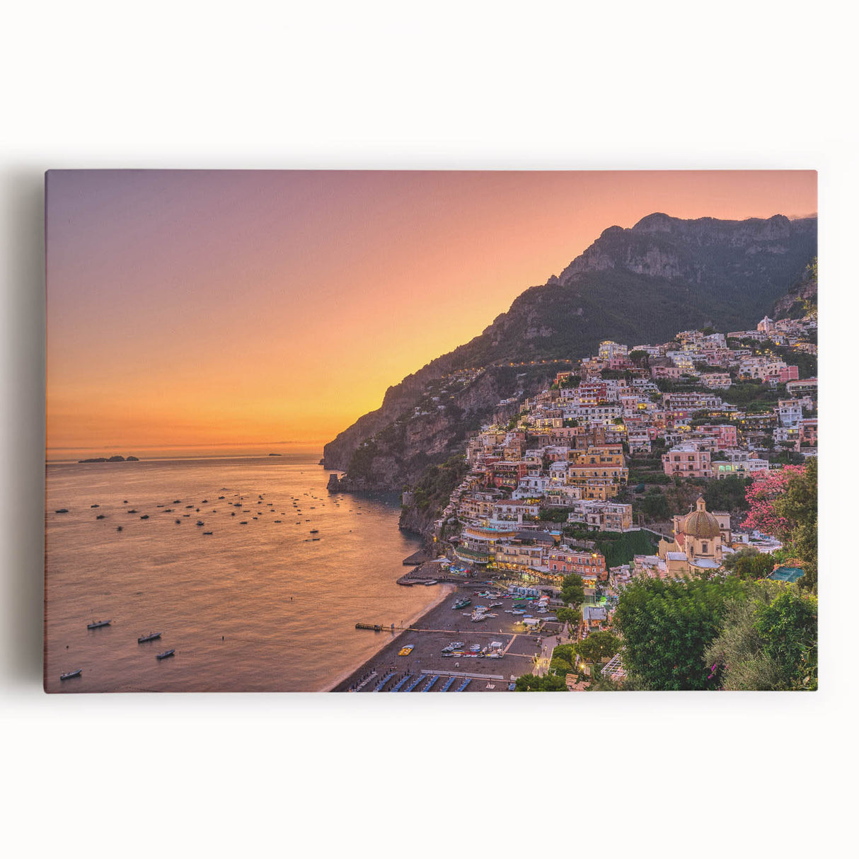 Black and white stretched canvas print of the Amalfi Coast, ideal for kitchen wall art or bedroom ambiance.