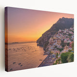 Amalfi Coast landscape on stretched canvas with vivid blue and white tones, ideal for kitchen wall art.