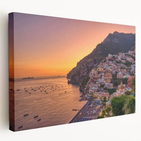Amalfi Coast landscape on stretched canvas with vivid blue and white tones, ideal for kitchen wall art.