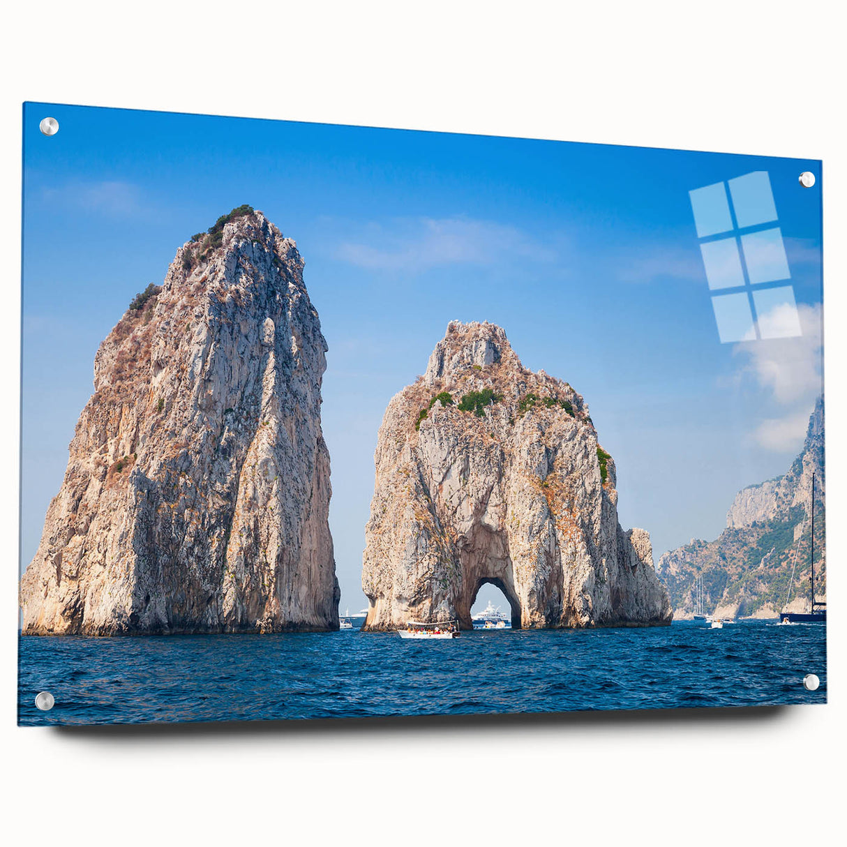 Acrylic print of Capri, Italy with vivid blue and white tones, ideal for dining room decor.