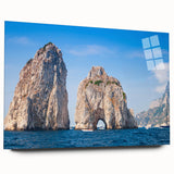 Large abstract depiction of the Capri coastline in muted blue and white tones on acrylic glass.