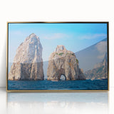 Art Deco poster of Capri, Italy in muted gold and blue tones on framed acrylic, suitable for modern art wall decor.