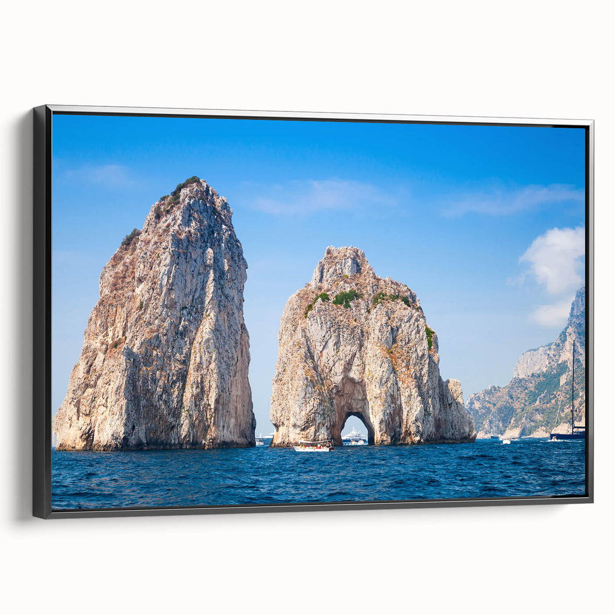 Black and white landscape art painting of Capri, Italy on framed canvas, ideal for bedroom wall decor.