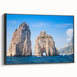 Black and white landscape art painting of Capri, Italy on framed canvas, ideal for bedroom wall decor.