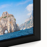 Extra large framed canvas of a textured Capri scenery in black with colorful elements, ideal for living room decor.