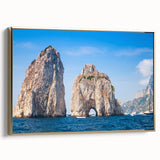 Framed canvas depicting a vintage-style landscape of Capri, Italy, in muted earth tones, ideal for bedroom wall art.