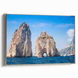 Landscape art painting of Capri, Italy in vibrant colors on a framed canvas, ideal for living room decor.
