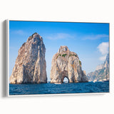 Vintage poster art of Capri, Italy, featuring colorful imagery on a large framed canvas, ideal for living room decor.