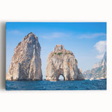 Black and white photograph of Capri's rugged coastline on stretched canvas, ideal for kitchen wall art.