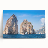 Black and white stretched canvas of Capri coastline, ideal for kitchen wall art.