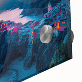 Acrylic print of Cinque Terre with vivid coastal colors, ideal for dining room art in a mid-century modernist style.