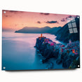 Acrylic print of Cinque Terre with vivid coastal hues, ideal for bedroom or dining room decor.