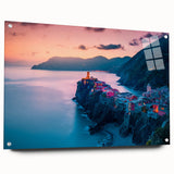 Acrylic print of Cinque Terre with vivid coastal hues, ideal for bedroom or dining room decor.
