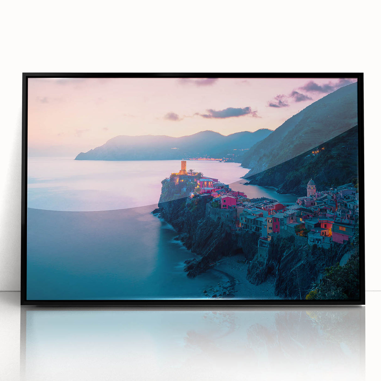 Large abstract wall art of Cinque Terre with vibrant coastal colors on a black framed acrylic.