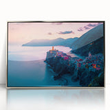 Framed acrylic print of Cinque Terre with vibrant ocean and village hues, ideal for modern art wall decor.