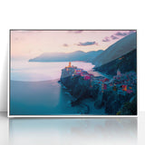Framed acrylic print of Cinque Terre with vibrant coastal colors, ideal for modern art wall decor.