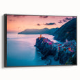 Black and white framed canvas of Cinque Terre landscape, ideal for vintage bedroom decor.