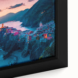 Framed canvas of Cinque Terre with textured colorful houses and sea, ideal for living room decor.