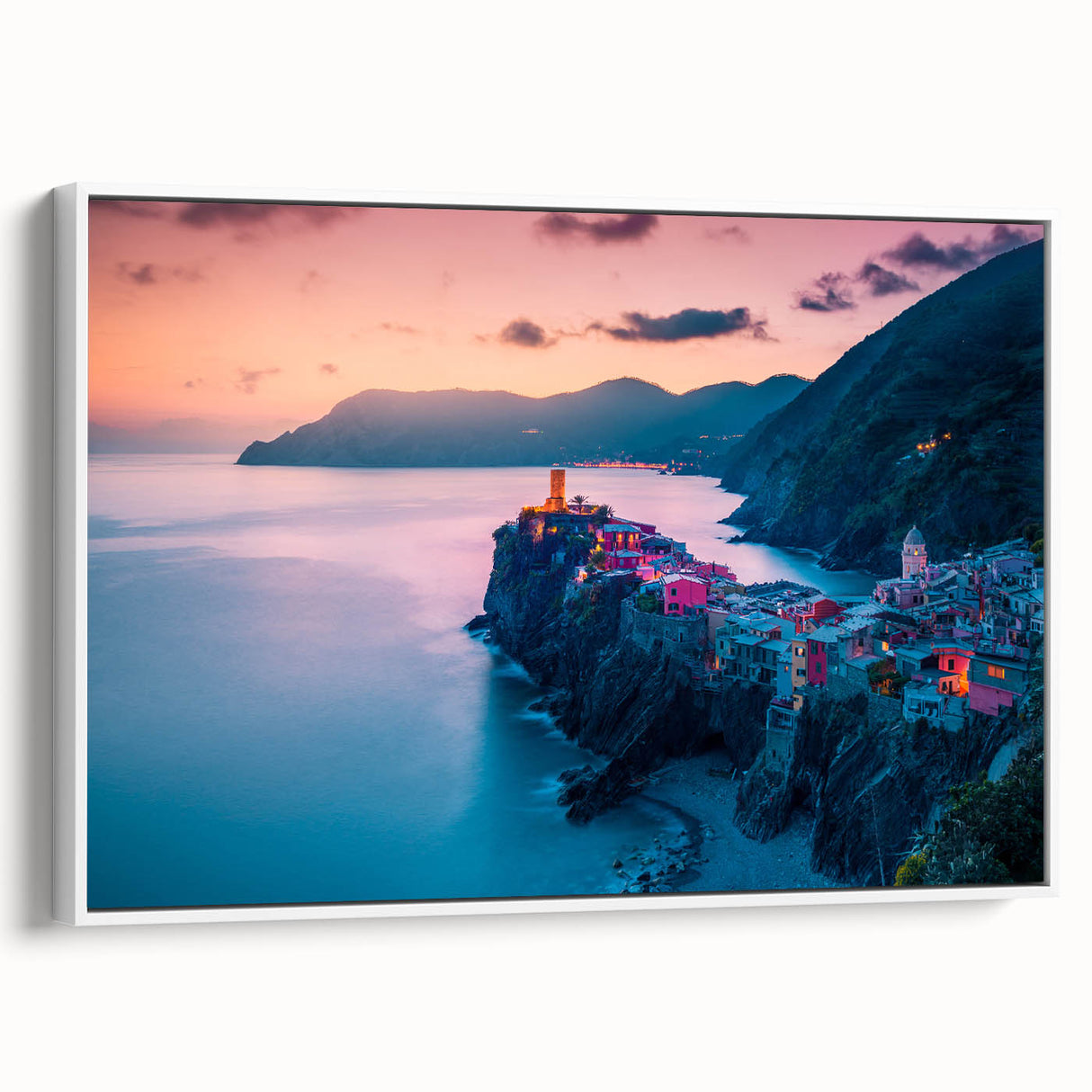 Vintage poster art of Cinque Terre with colorful buildings on white framed canvas, ideal for living room decor.