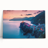 Black and white large art print of Cinque Terre on stretched canvas, ideal for kitchen wall art.