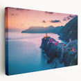 Large art print of Cinque Terre on stretched canvas, featuring vibrant coastal hues, ideal for kitchen wall art.