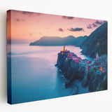 Large art print of Cinque Terre on stretched canvas, featuring vibrant coastal hues, ideal for kitchen wall art.