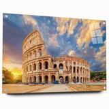 Acrylic glass print of the Colosseum in Rome with soft evening hues, ideal for dining room decor.