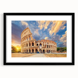 Extra large colorful art print of an abstract Colosseum, featuring textured brush strokes in vibrant hues, framed in black.