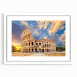 Textured art print of the Colosseum in muted earth tones, framed in white, ideal for bedroom wall decor.