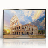 Mid-century modernist style large art print of the Colosseum in muted earth tones, framed in silver acrylic.